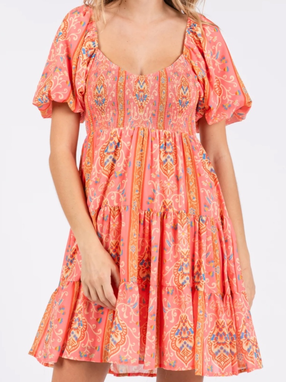Pink Floral V-Neck Short Puff Sleeve Mini Dress